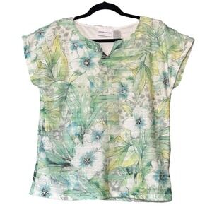 Alfred Dunner Top Womens Size S Green Floral Lace Lined Cap Sleeves Lightweight